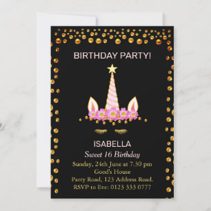 Invitation Confettis dorés et licorne pour un anniversaire Sw
