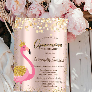 Invitation Confettis dorés Flamant rose Or rose Quinceañera