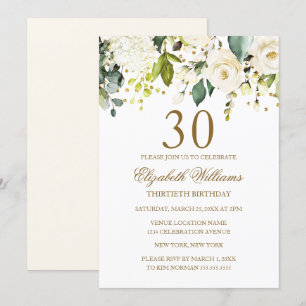 Invitation Confettis dorés Fleurs blanches 30e Anniversaire