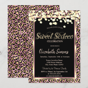 Invitation Confettis Dorés Points Imprimé Léopard Sweet 16
