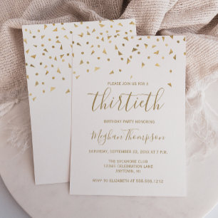 Invitation Confettis dorés sur fond blanc pour une fête d'ann