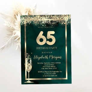 Invitation Confettis dorés Verre à champagne Vert 65e Anniver
