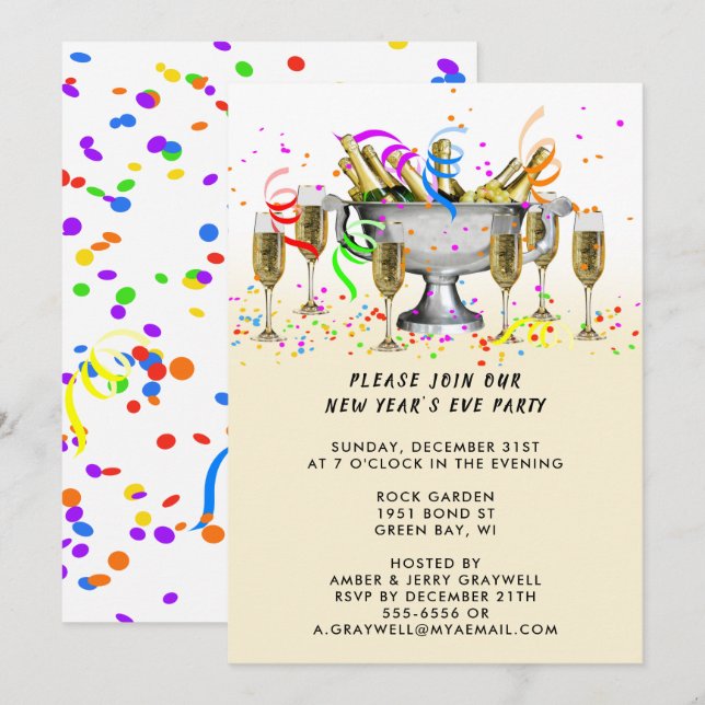 Invitation Confettis et spiritueux de la fête du Nouvel An, Z (Devant / Derrière)