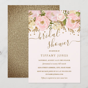 Invitation Confettis Fleuris Or Rose pour une Mariée
