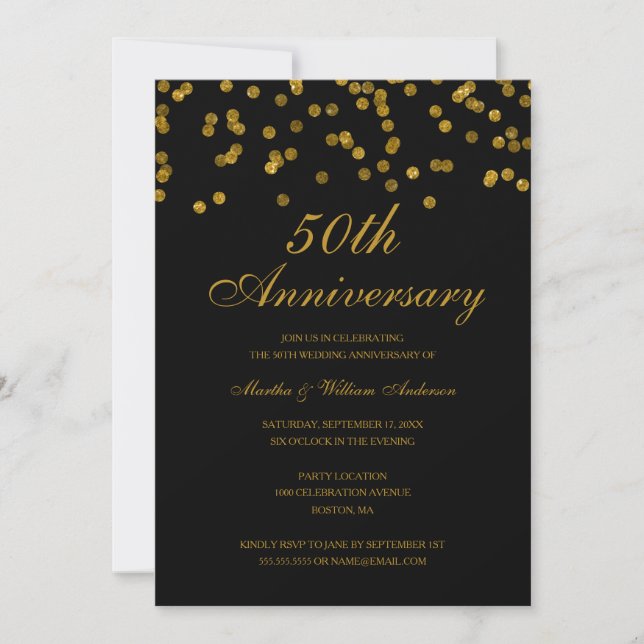 Invitation Confettis noir et or 50e anniversaire de mariage (Devant)