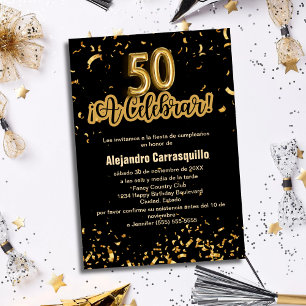 Invitation Confettis Noir et Or Fancy Espagnol 50ème Annivers