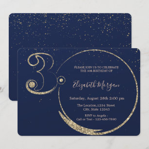 Invitation  Confettis Pailletés Or Bleu Marine 30ème Annivers