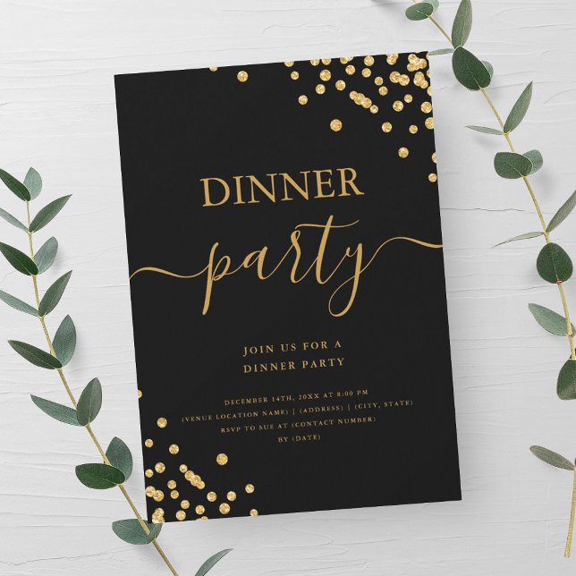 Invitation Confettis Pailletés Or Écriture Soirée Noir (Gold Glitter Confetti Script Dinner Party Black Invitation)