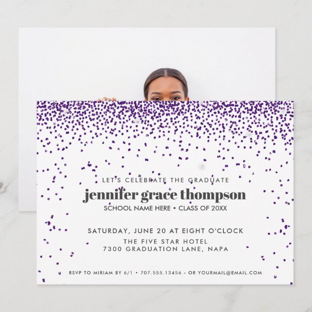 Invitation Confettis Pailletés Violet Blanc Photo Fête de Dip (Devant / Derrière)
