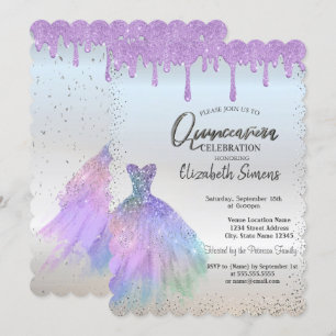 Invitation Confettis points, robe bleue gouttes violettes Qui