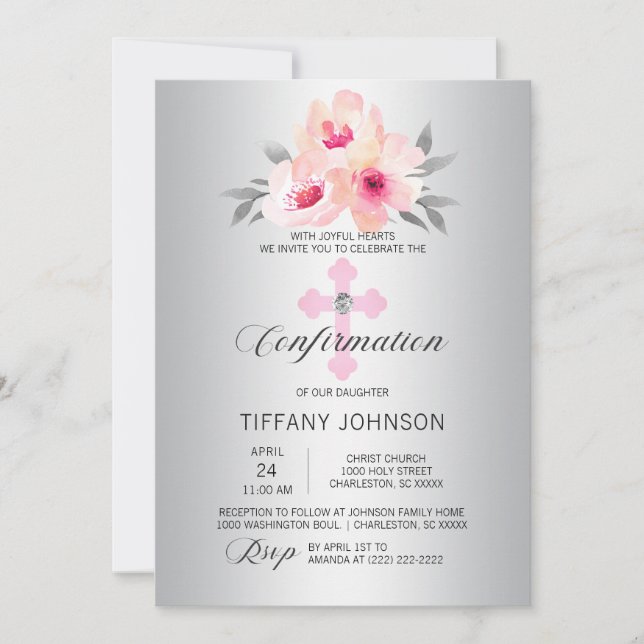 Invitation Confirmation Argent Floral Pink Cross FILLE + POEM (Devant)