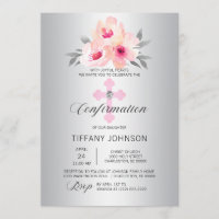 Confirmation Argent Floral Pink Cross FILLE + POEM
