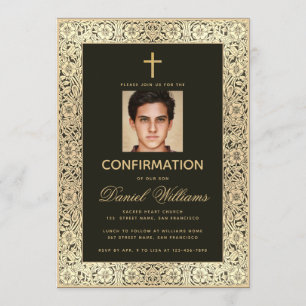 Invitation Confirmation Black Gold Boy Photo Vintage Floral