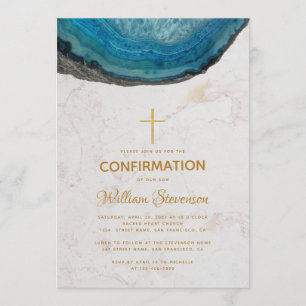 Invitation Confirmation Bleu Géode Marbre Croix Or Garçon