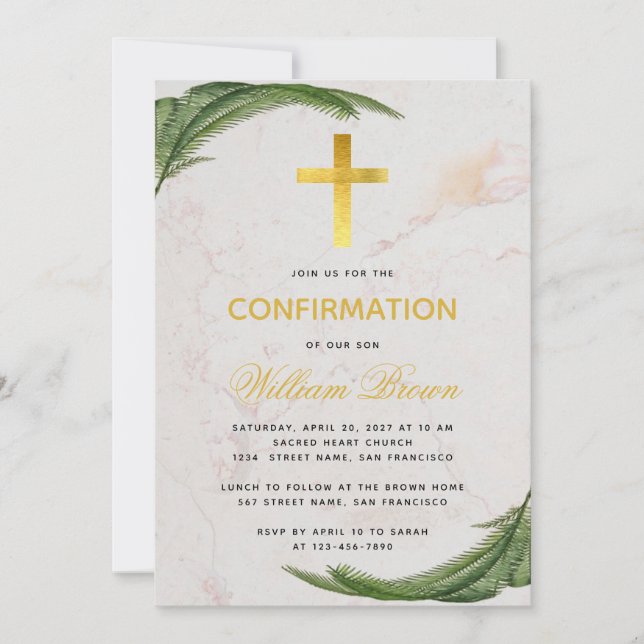 Invitation Confirmation Botanique Fern Faux Gold Cross Marble (Devant)