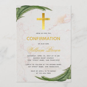 Invitation Confirmation Botanique Fern Faux Gold Cross Marble
