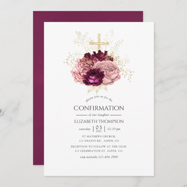 Invitation Confirmation Bourgogne Marsala Blush rose et or (Devant / Derrière)