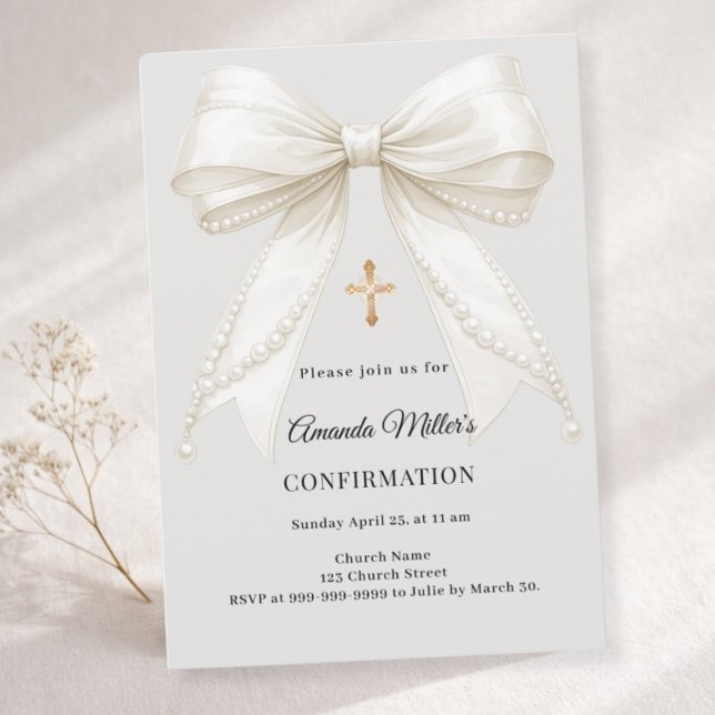 Invitation Confirmation bow ivory pearls girl gray (Créateur téléchargé)