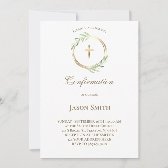 Invitation Confirmation catholique cercle or feuilles vertes (Devant)