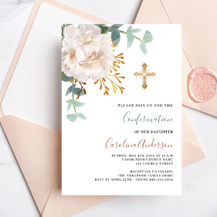 Invitation Confirmation de croix d'or à fleurs blanches