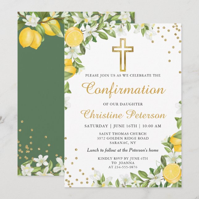 Invitation Confirmation de la croix d'or de citron vert d'été (Devant / Derrière)