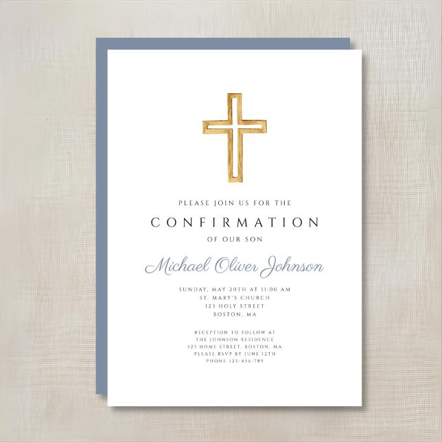 Invitation Confirmation de la Croix du Bois Religieux Bleu (Blue Religious Wood Cross Boy Confirmation Invitation)
