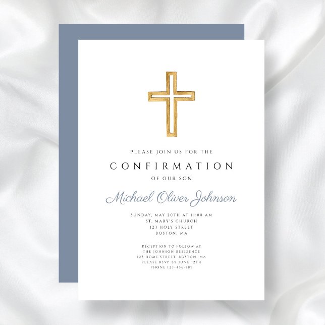 Invitation Confirmation de la Croix du Bois Religieux Bleu (Blue Religious Wood Cross Boy Confirmation Invitation)