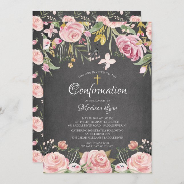 Invitation Confirmation de la croix florale et dorée rose mod (Devant / Derrière)