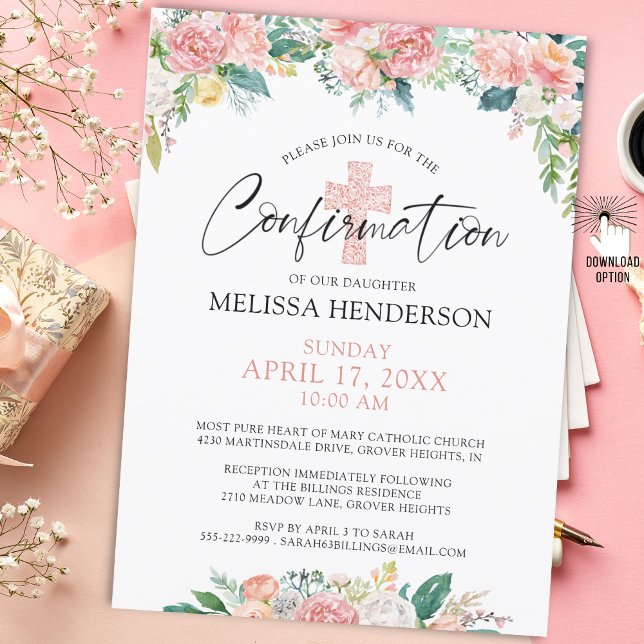 Invitation Confirmation de la croix florale Rose Blush modern (Créateur téléchargé)