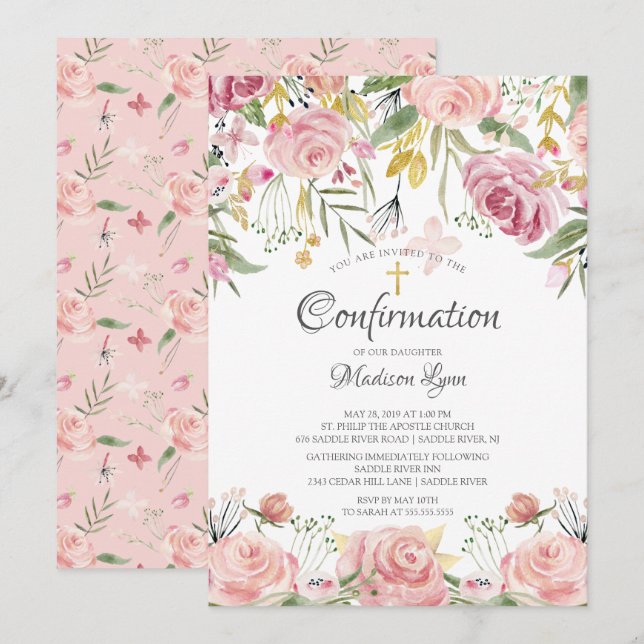 Invitation Confirmation de la croix rose florale et or (Devant / Derrière)