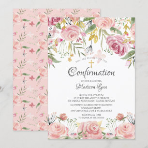Invitation Confirmation de la croix rose florale et or