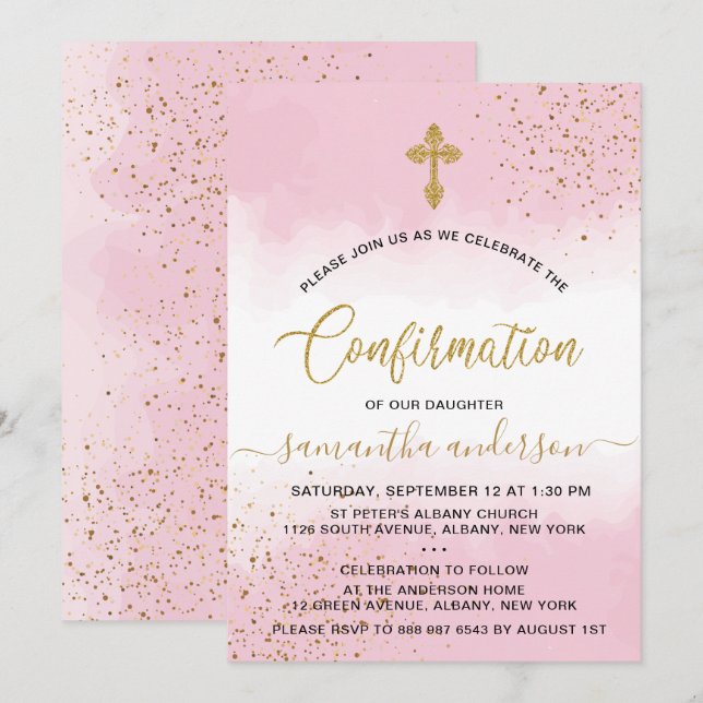 Invitation Confirmation De La Fille D'Aquarelle D'Or Et De Ro (Devant / Derrière)