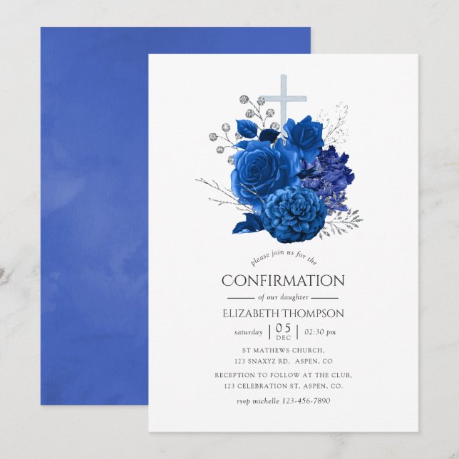 Invitation Confirmation de la florale royale bleue et argenté (Devant / Derrière)