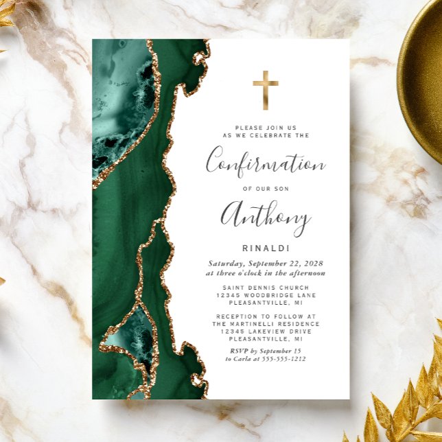 Invitation Confirmation de la Parties scintillant Or Vert Eme (Créateur téléchargé)