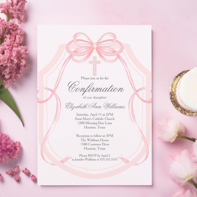 Invitation Confirmation de l'élégante fille en ruban rose (Créateur téléchargé)