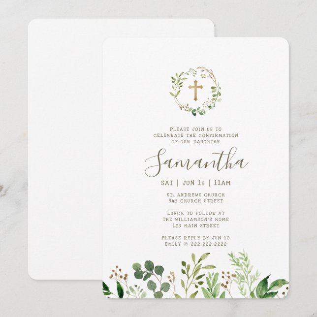 Invitation Confirmation De Sa Croix D'Aquarelle De Foliage Go (Devant / Derrière)
