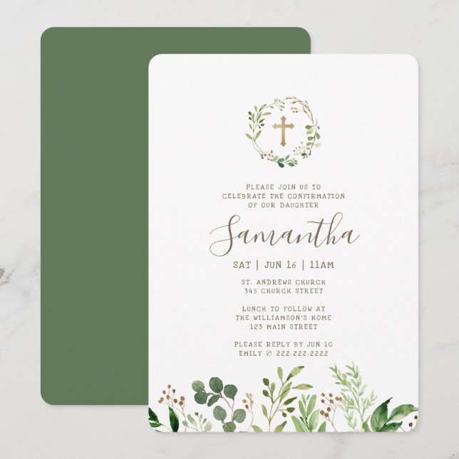Invitation Confirmation De Sa Croix D'Aquarelle De Foliage Or (Devant / Derrière)