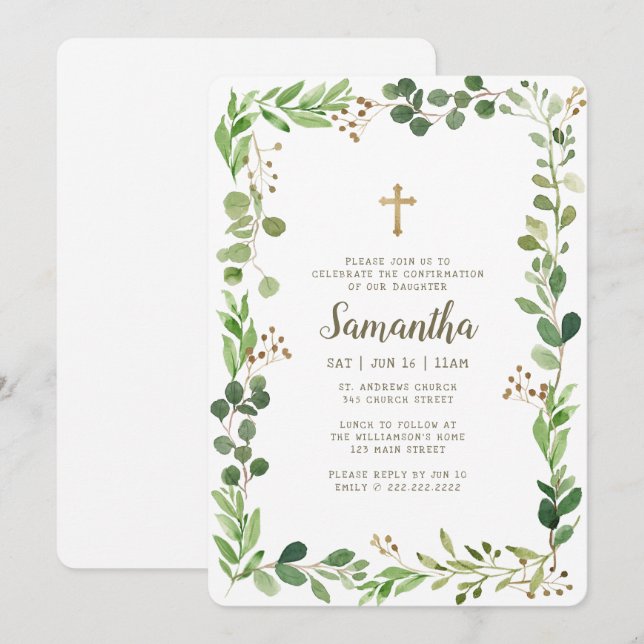 Invitation Confirmation De Sa Croix De Foliage Aquarellée (Devant / Derrière)