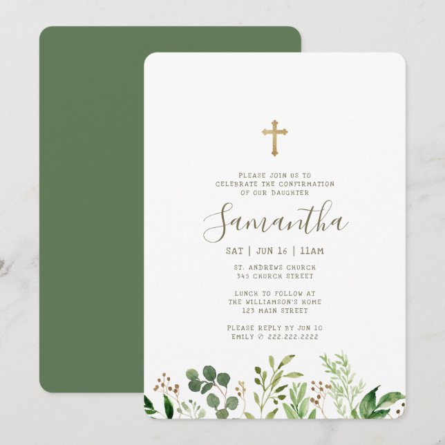 Invitation Confirmation De Sa Croix De Foliage Aquarellée (Devant / Derrière)