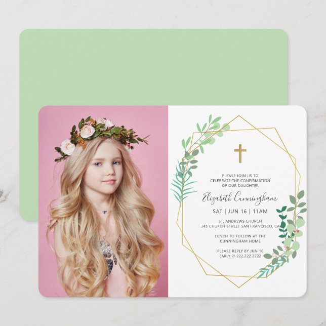Invitation Confirmation De Sa Croix De Foliage Géométrique (Devant / Derrière)