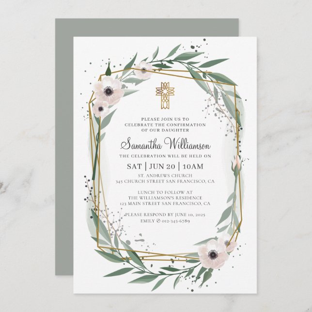 Invitation Confirmation De Sa Croix Florale Géométrique Moder (Devant / Derrière)