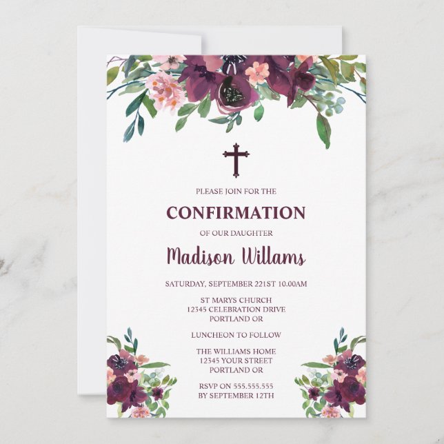 Invitation Confirmation des filles d'aquarelle florale de Bou (Devant)