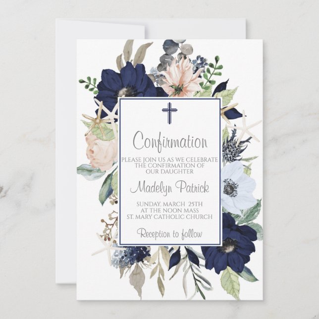 Invitation Confirmation du cadre floral bleu (Devant)