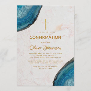 Invitation Confirmation du garçon Géode bleu Agate Gold Cross