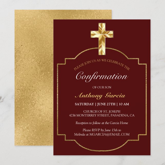 Invitation Confirmation Elegant Burgundy Gold Boys (Devant / Derrière)