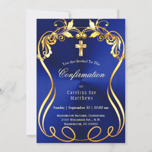 Invitation Confirmation élégante Croix d'or bleu