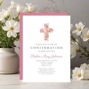 Invitation Confirmation élégante fille croix florale rose