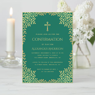 Invitation Confirmation Emerald Green Faux Gold Feuilles Orna