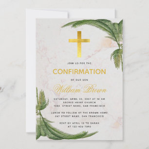 Invitation Confirmation Fern Green Faux Gold Cross Marble