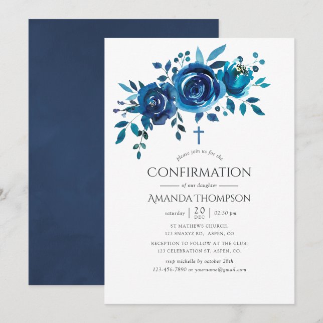 Invitation Confirmation Fleurie Bleu Marine et Blanc (Devant / Derrière)